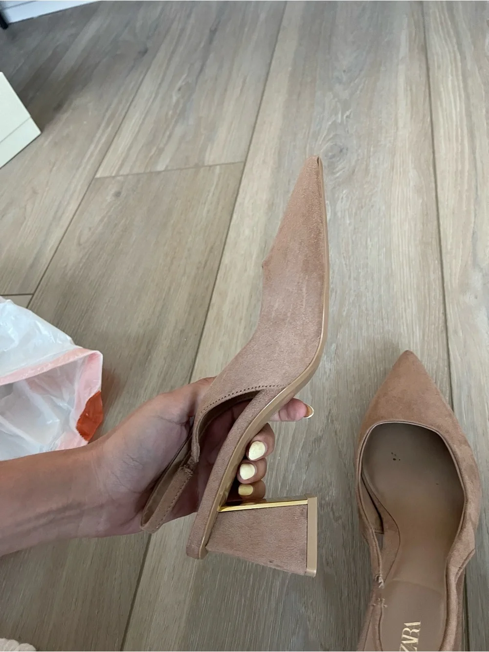 Zara Suede Slingback Block Heel Pumps - gold heel